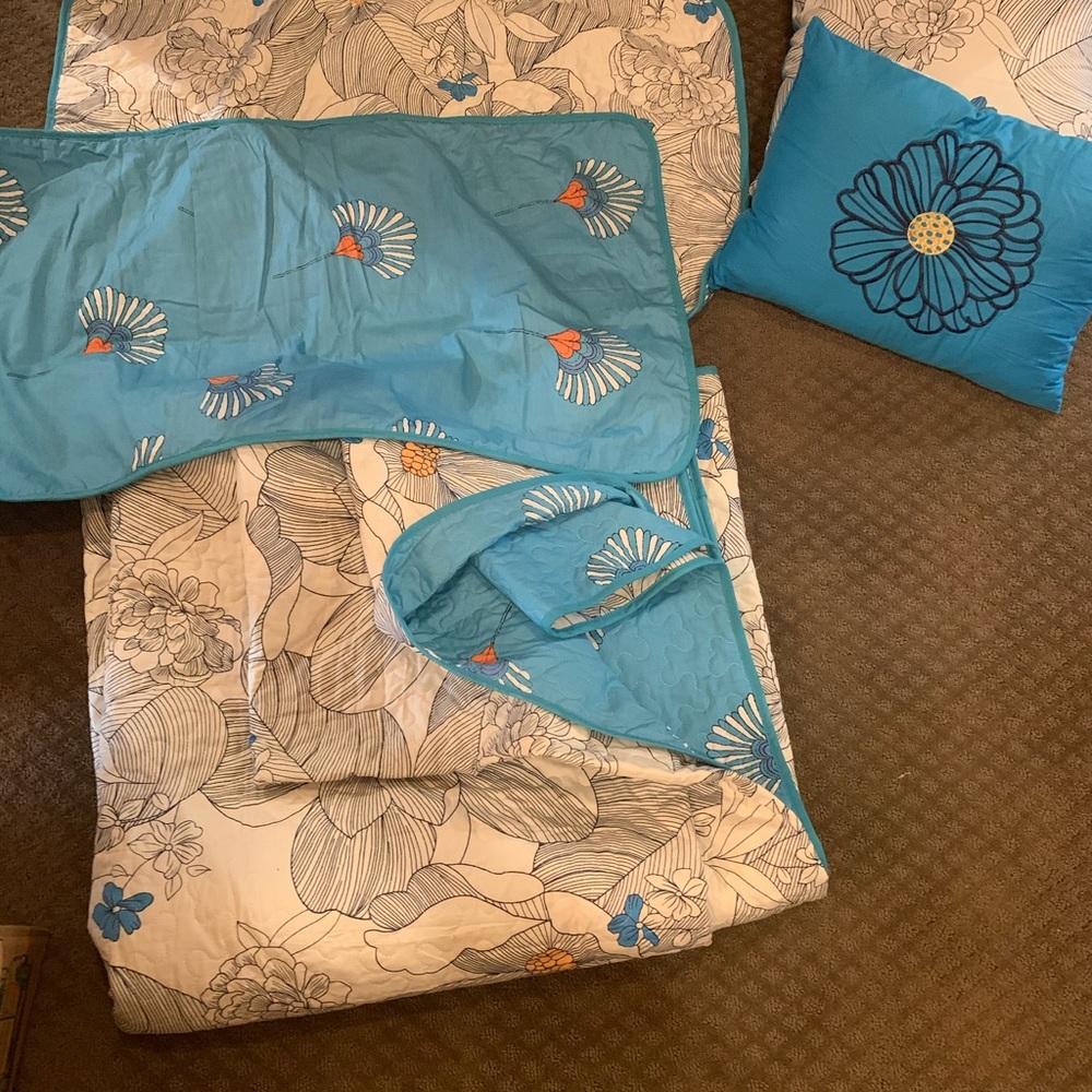 King Quilt. Barely used. W/ shams, decor pillows.